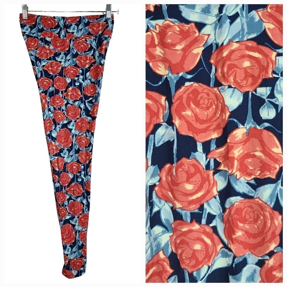NEW LuLaRoe Red Rose One Size (2-10) Butter Soft Legging Red Blue Floral Print
